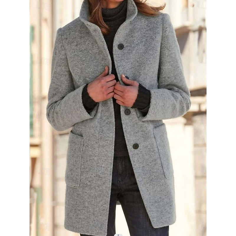 Women's stand collar coat with long sleeves, button front and patch pockets