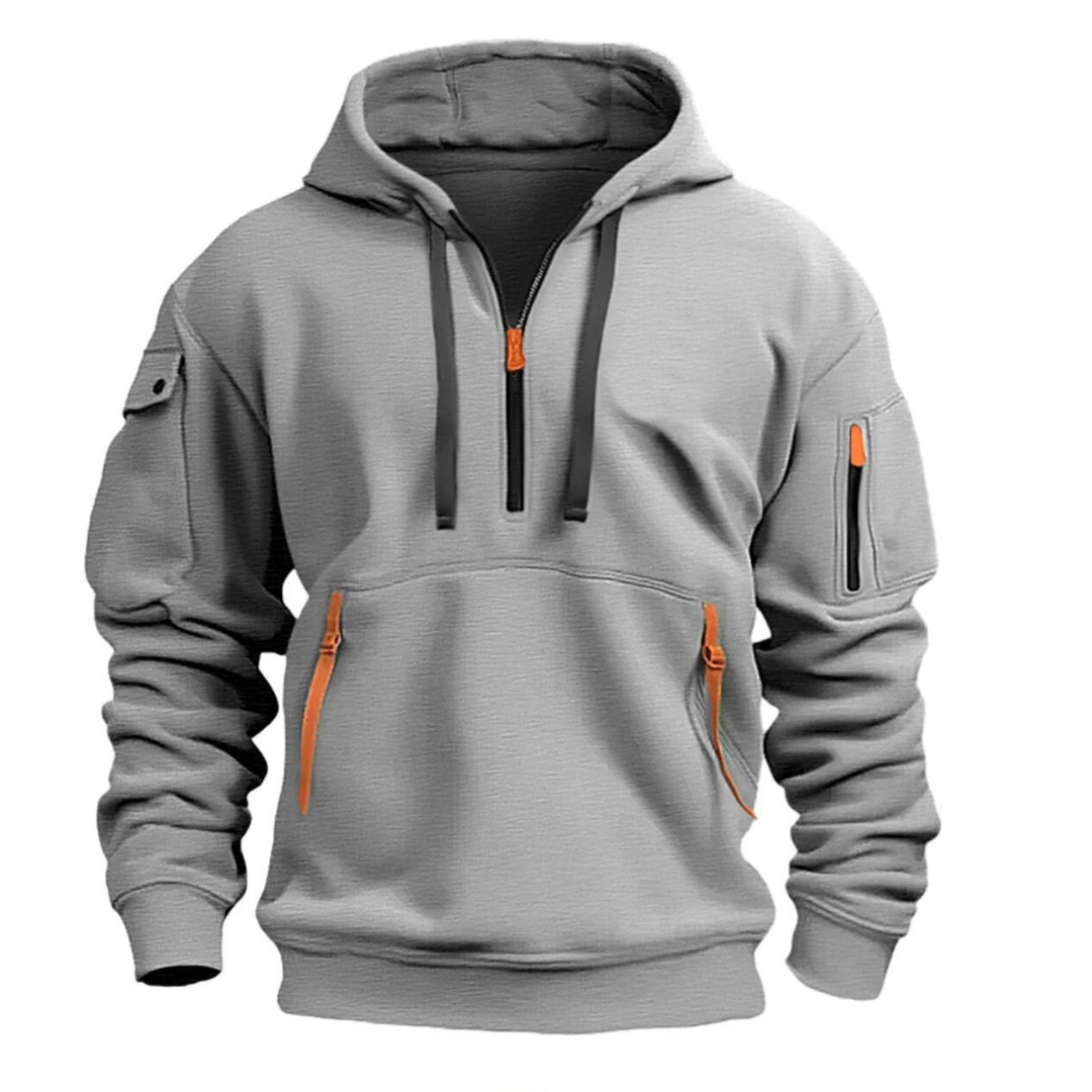 Men's hooded half-zip hoodie with long sleeves and zip pockets
