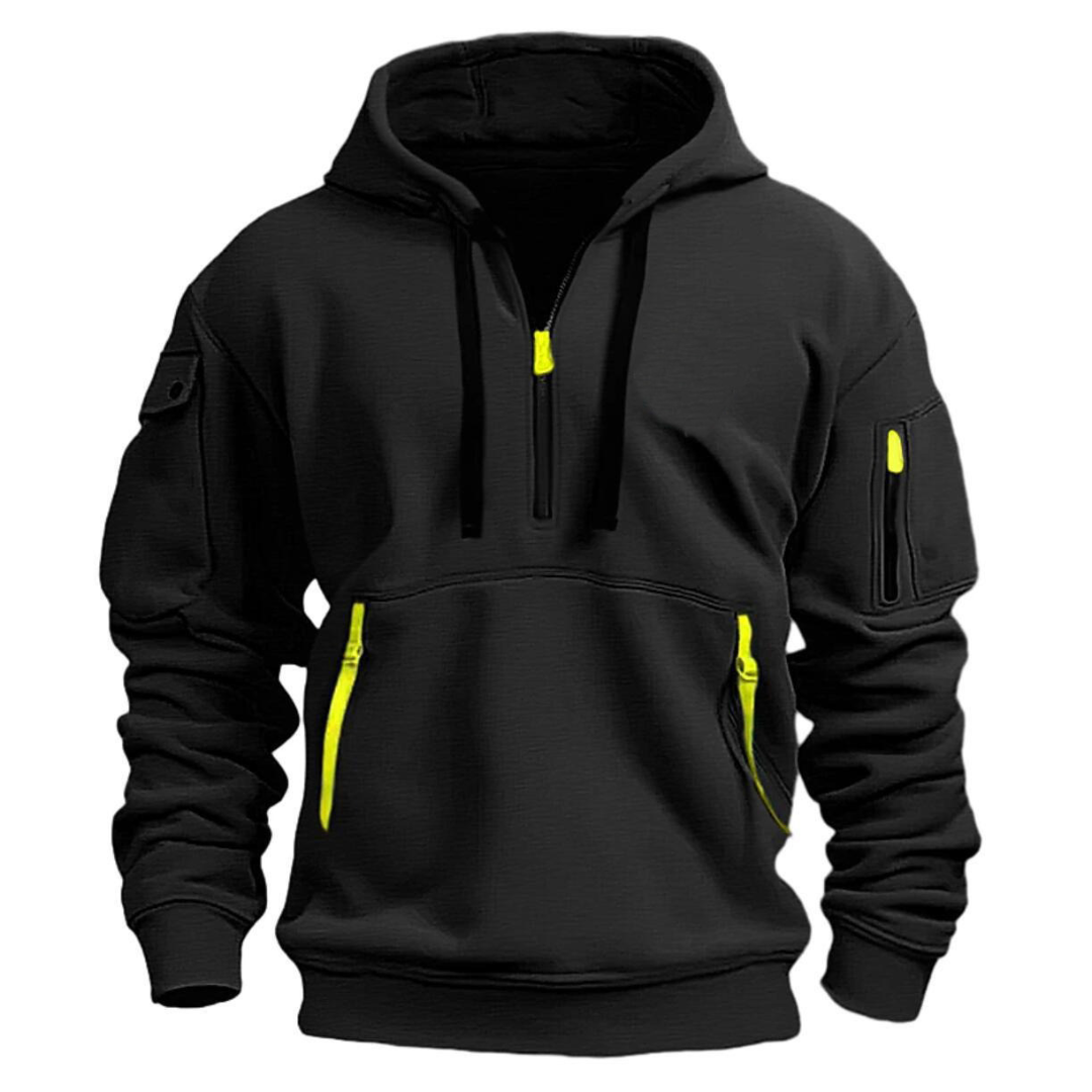 Men's hooded half-zip hoodie with long sleeves and zip pockets