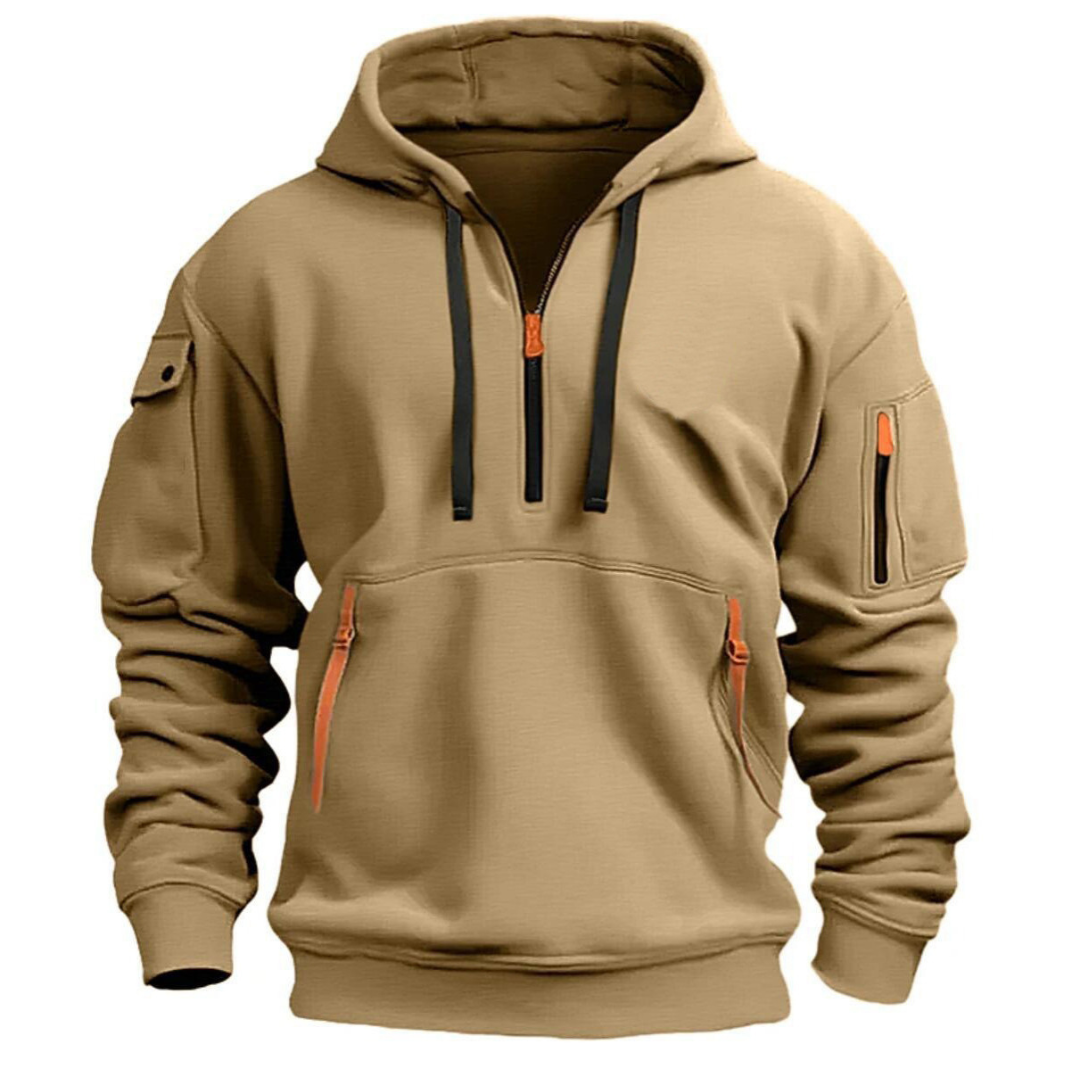 Men's hooded half-zip hoodie with long sleeves and zip pockets