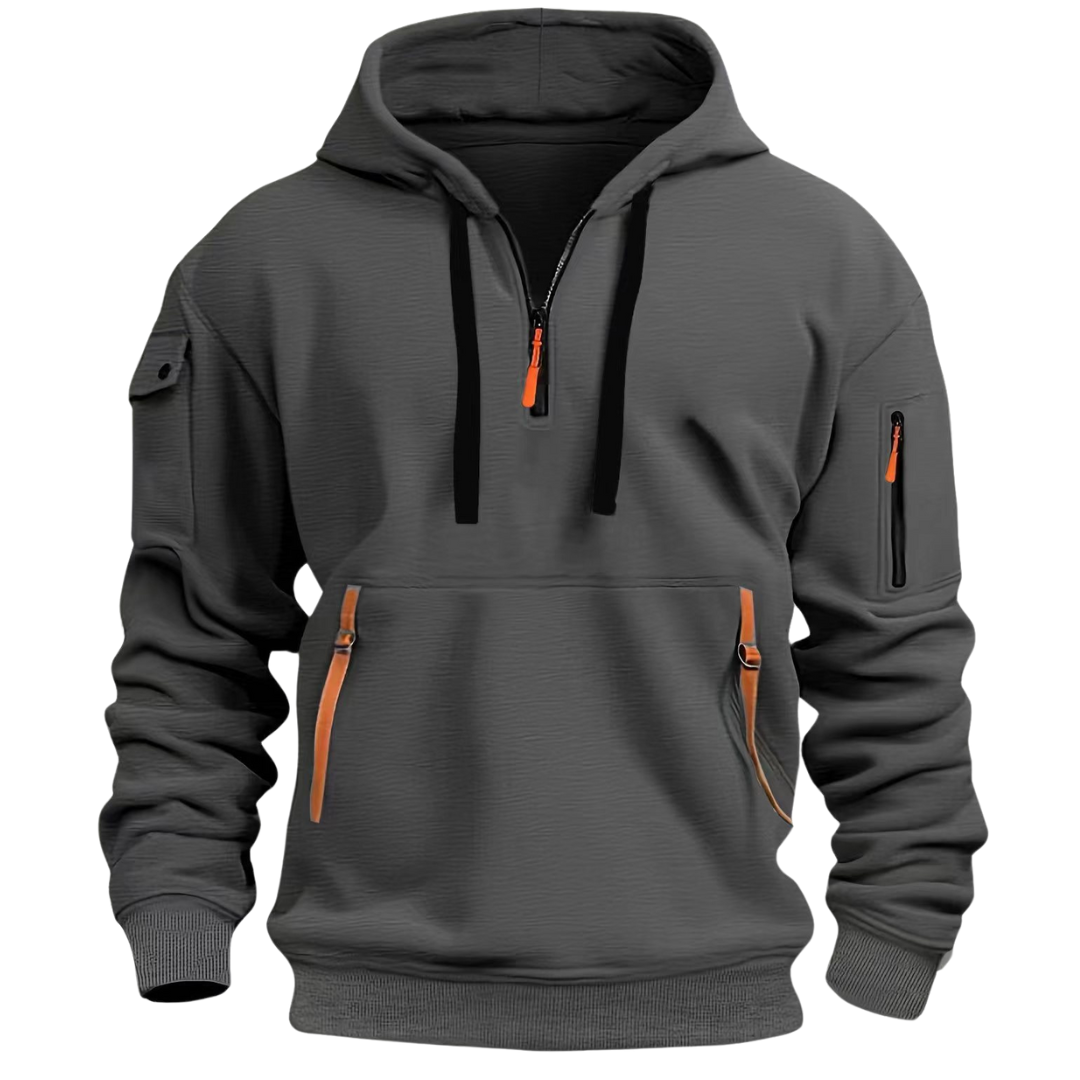 Men's hooded half-zip hoodie with long sleeves and zip pockets