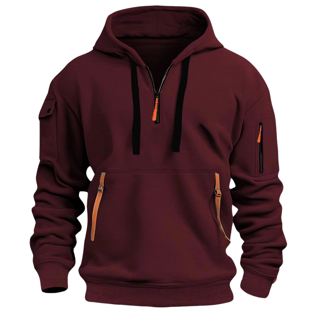 Men's hooded half-zip hoodie with long sleeves and zip pockets