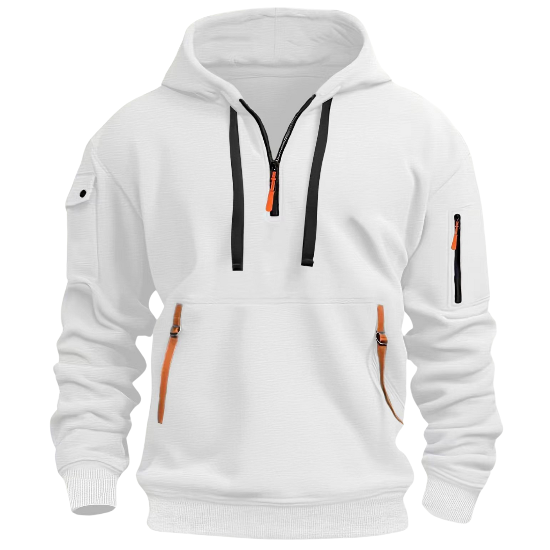 Men's hooded half-zip hoodie with long sleeves and zip pockets
