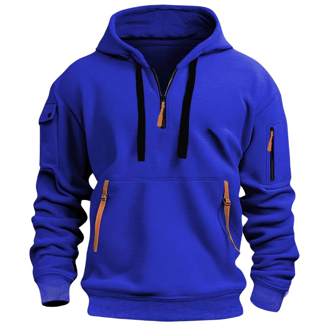 Men's hooded half-zip hoodie with long sleeves and zip pockets