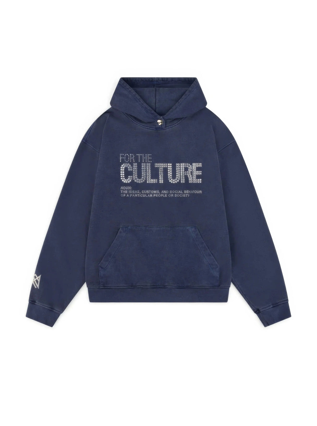Blue hooded graphic hoodie with long sleeves and kangaroo pocket
