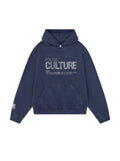 Blue hooded graphic hoodie with long sleeves and kangaroo pocket