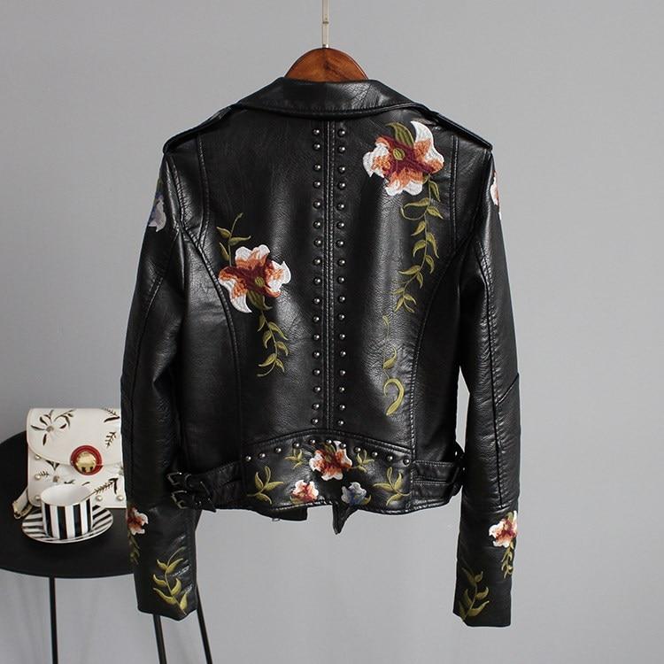 Women's cropped floral embroidered biker jacket with studded trim
