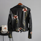 Women's cropped floral embroidered biker jacket with studded trim