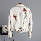 Women's cropped floral embroidered biker jacket with studded trim