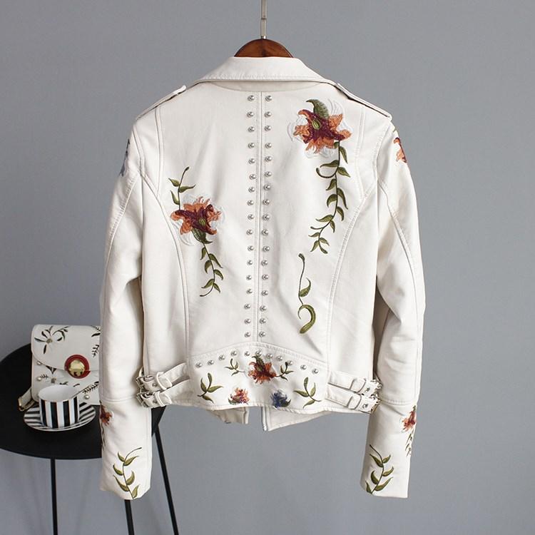 Women's cropped floral embroidered biker jacket with studded trim
