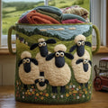 Quilted laundry basket with sheep appliques, meadow scene, flowers and rope handles