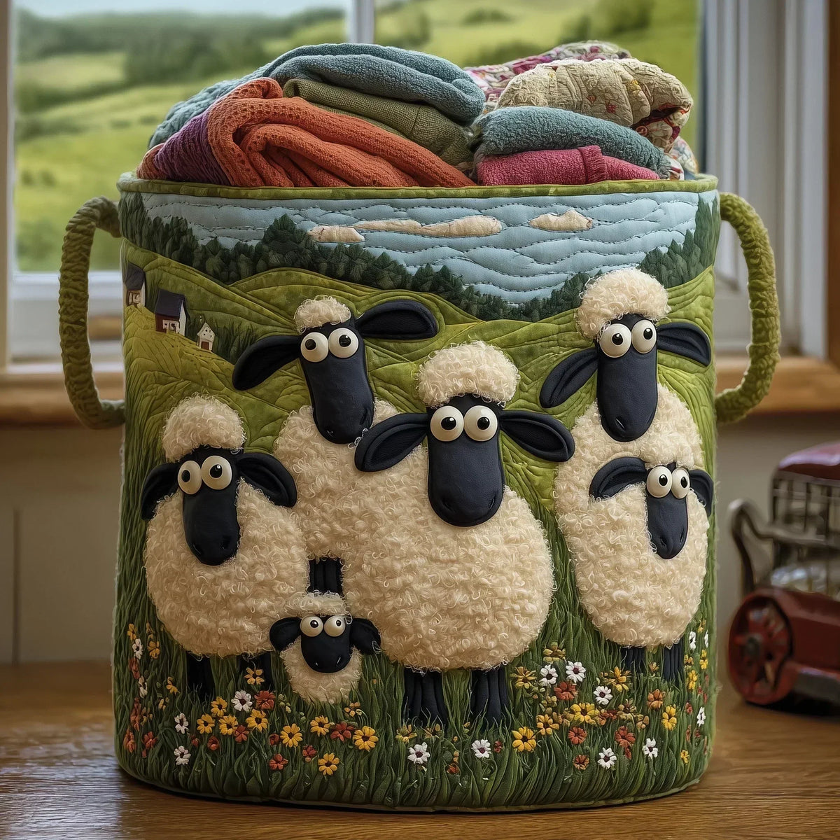 Quilted laundry basket with sheep appliques, meadow scene, flowers and rope handles