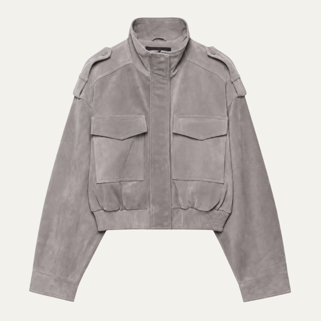 Women's grey cropped bomber jacket with mock neck and flap pockets
