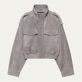 Women's grey cropped bomber jacket with mock neck and flap pockets