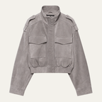 Women's grey cropped bomber jacket with mock neck and flap pockets