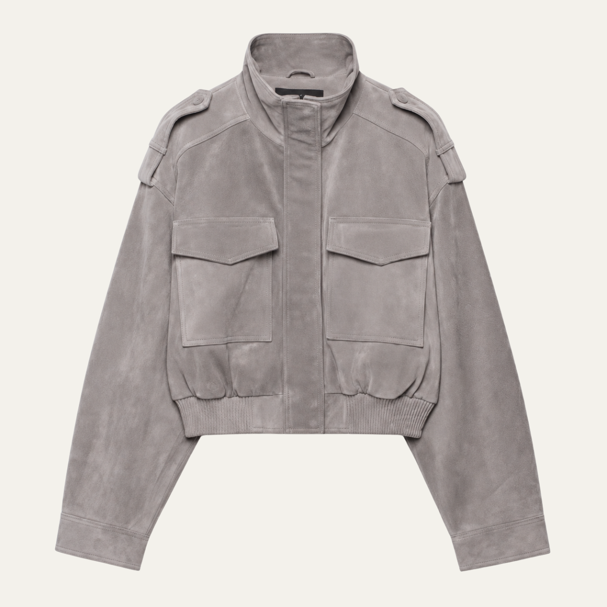 Women's grey cropped bomber jacket with mock neck and flap pockets