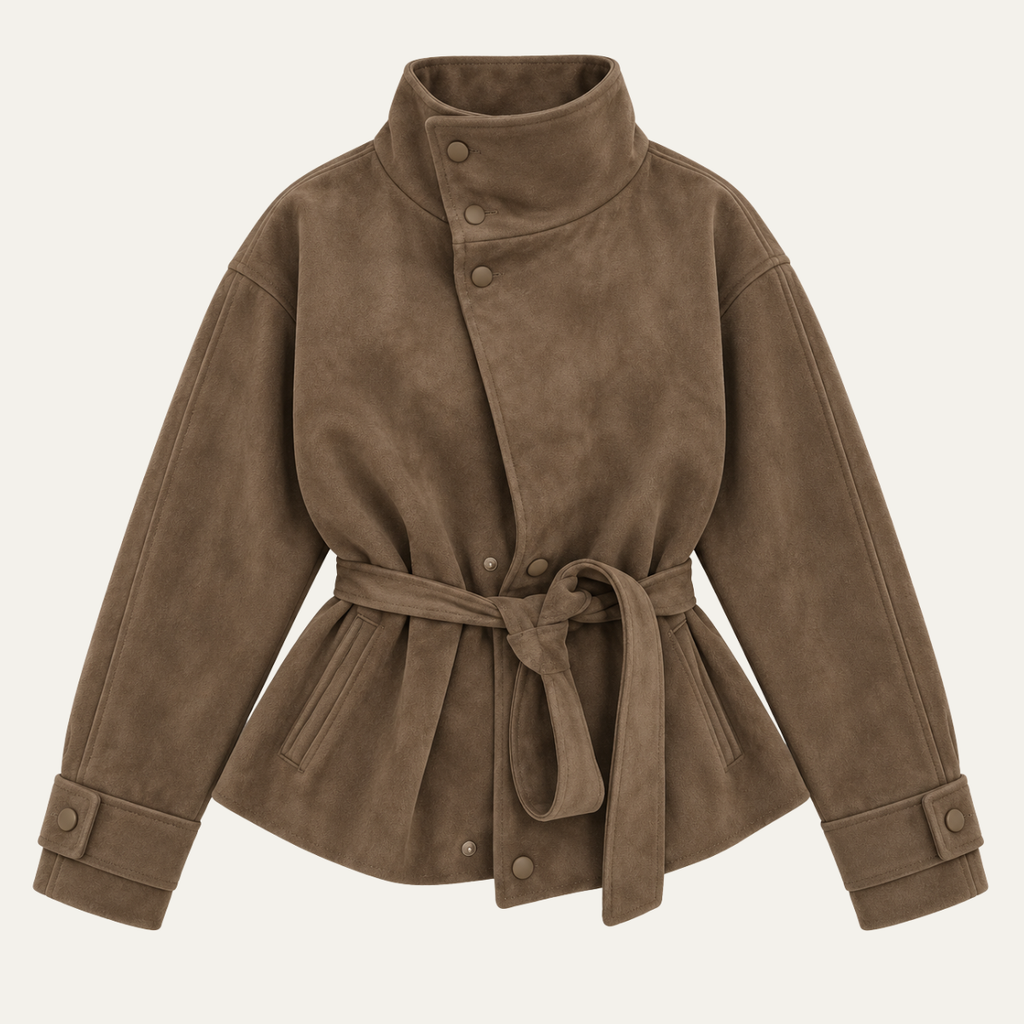 Women's brown belted jacket with high collar, long sleeves and button cuffs