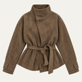 Women's brown belted jacket with high collar, long sleeves and button cuffs