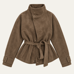 Women's brown belted jacket with high collar, long sleeves and button cuffs