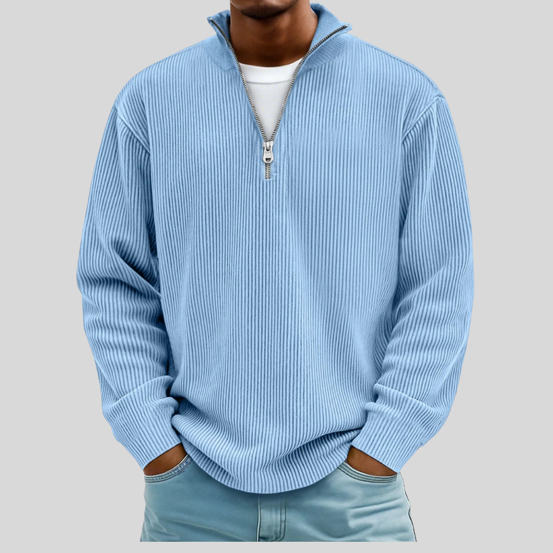 Men's ribbed quarter-zip sweater with mock neck and long sleeves