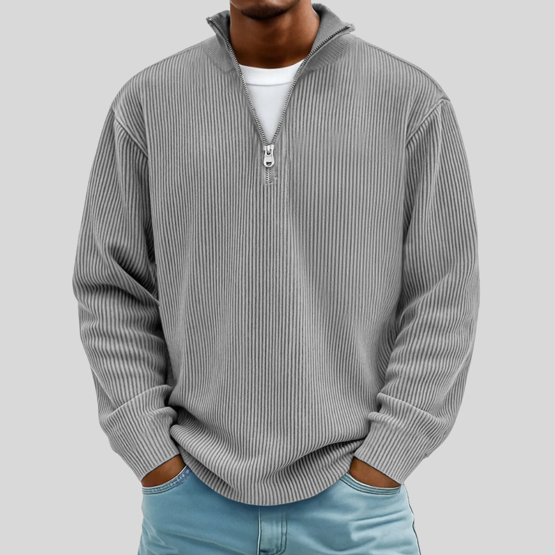 Men's ribbed quarter-zip sweater with mock neck and long sleeves