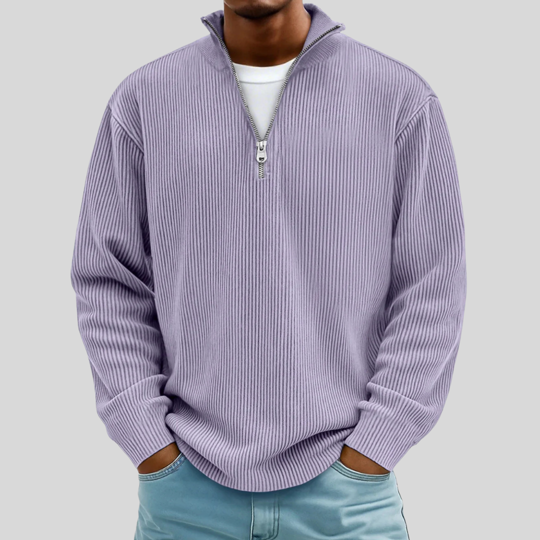 Men's ribbed quarter-zip sweater with mock neck and long sleeves
