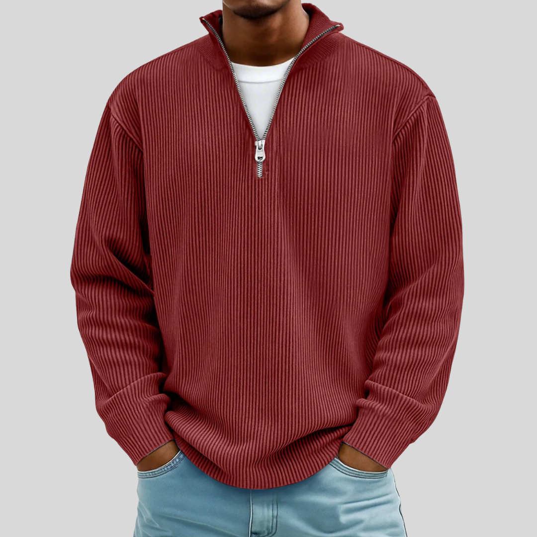 Men's ribbed quarter-zip sweater with mock neck and long sleeves