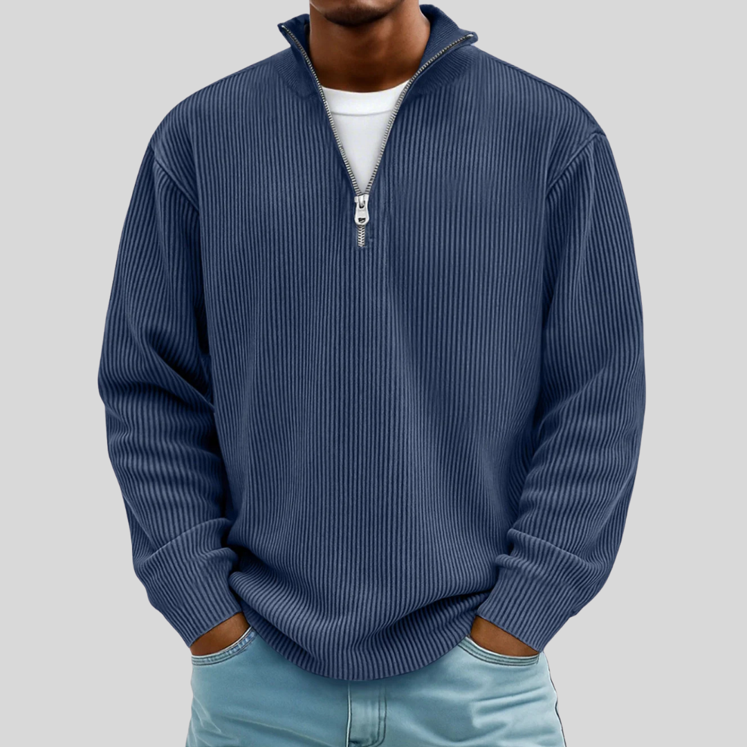 Men's ribbed quarter-zip sweater with mock neck and long sleeves