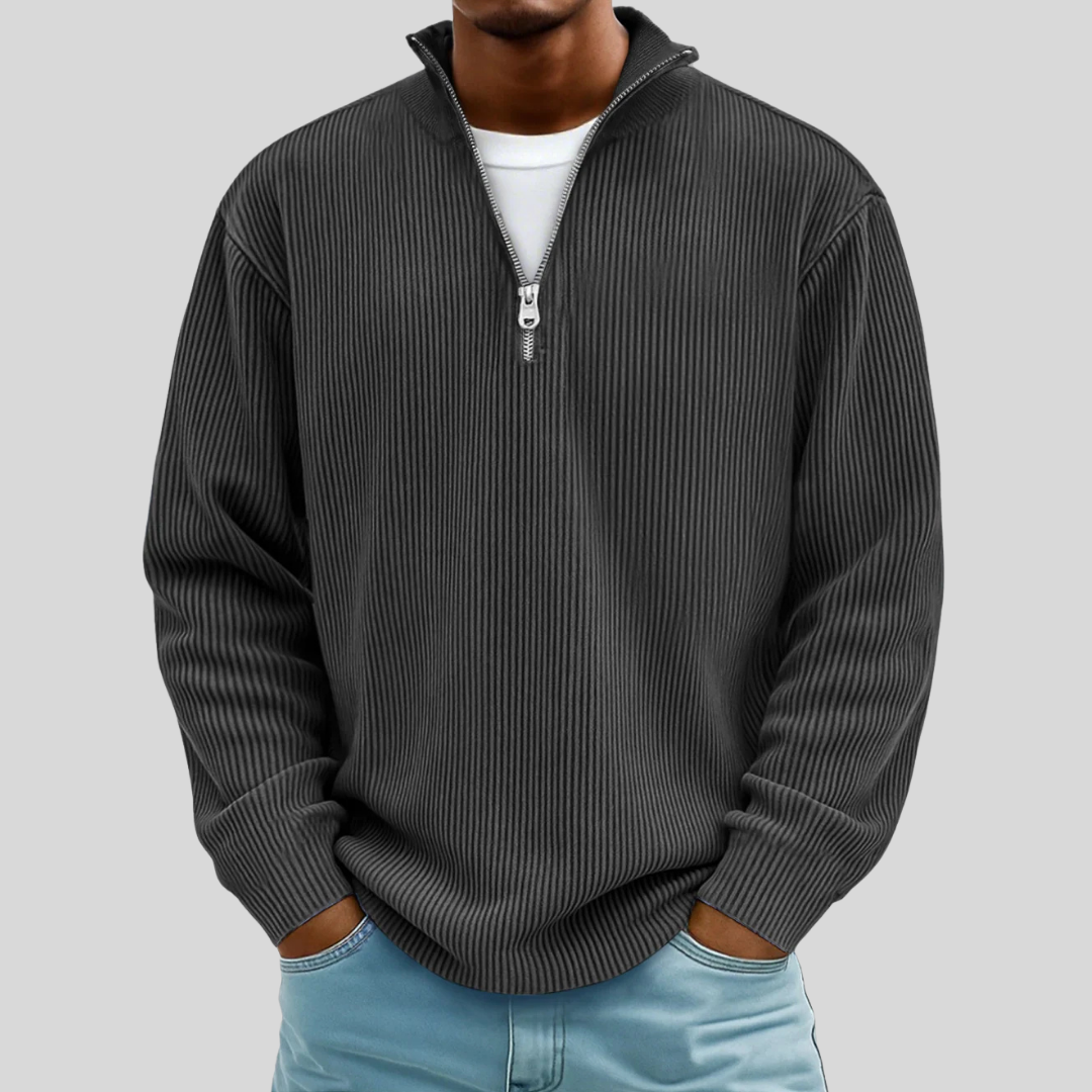 Men's ribbed quarter-zip sweater with mock neck and long sleeves