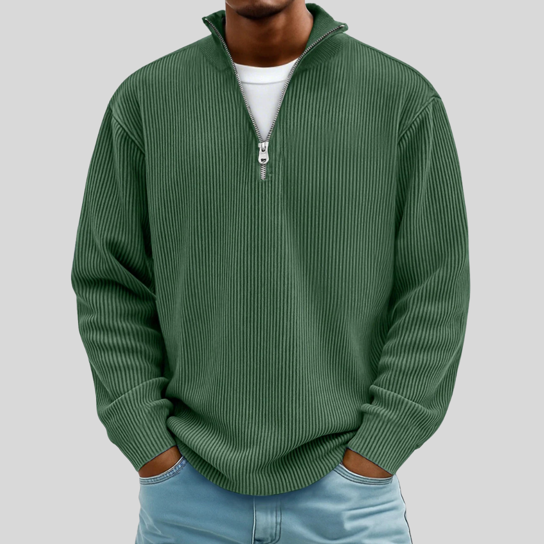 Men's ribbed quarter-zip sweater with mock neck and long sleeves