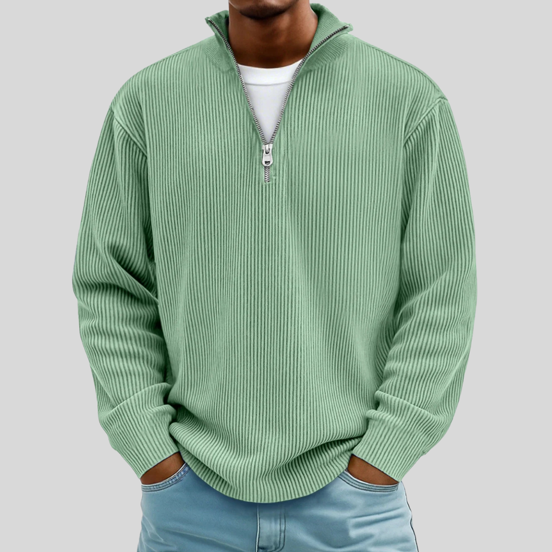 Men's ribbed quarter-zip sweater with mock neck and long sleeves