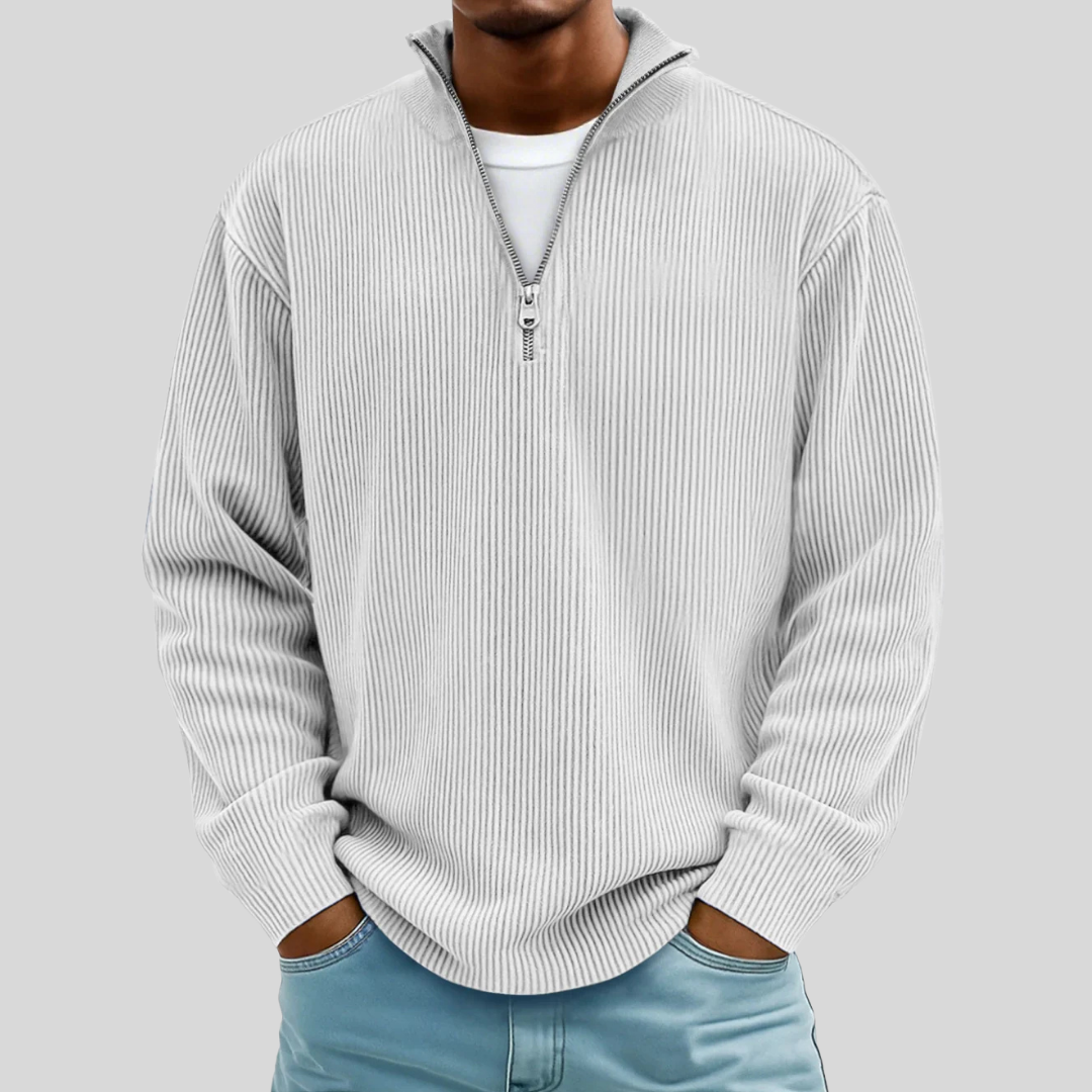 Men's ribbed quarter-zip sweater with mock neck and long sleeves
