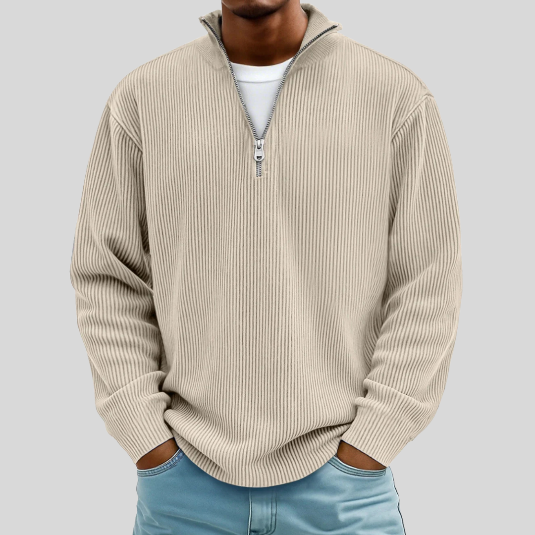 Men's ribbed quarter-zip sweater with mock neck and long sleeves