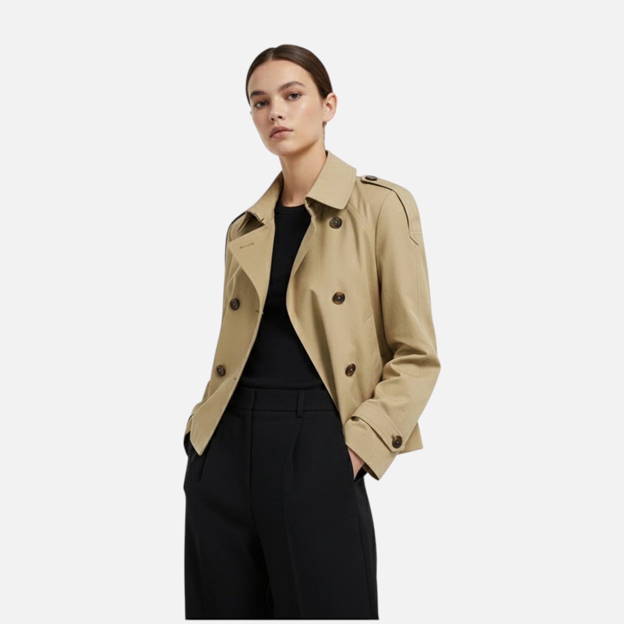 Women's short belted trench jacket with high collar and long sleeves