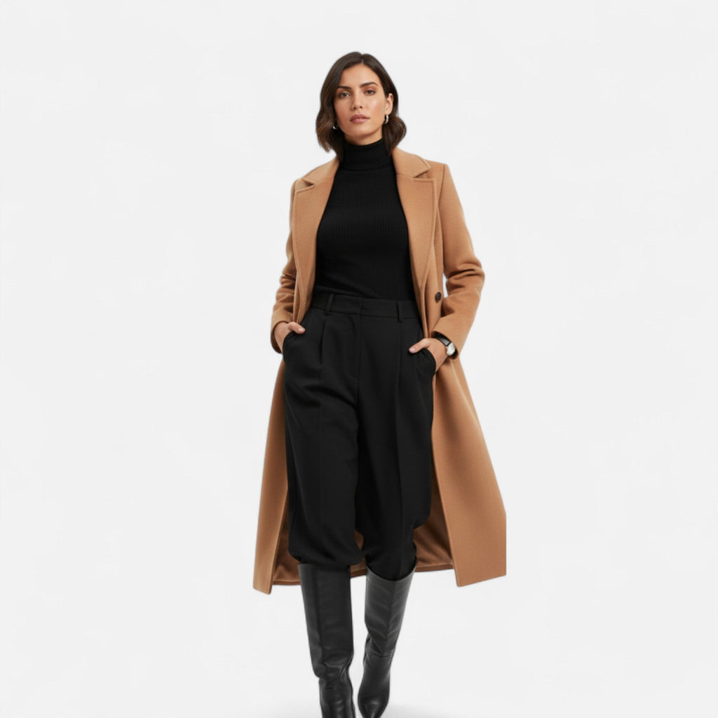 Women's long double-breasted coat with notched lapels and long sleeves