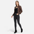 Women's cropped fitted jacket with mandarin collar, long sleeves and zipped pockets