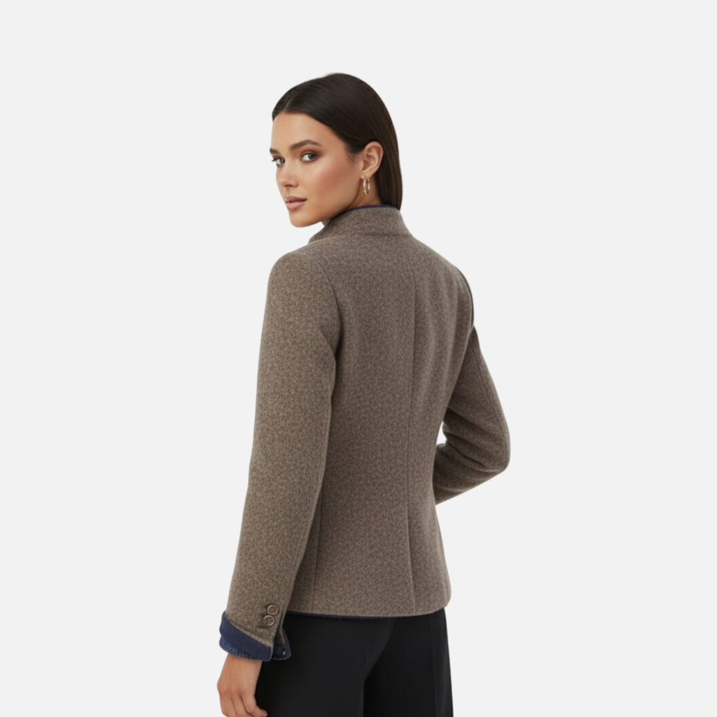 Women's tailored button-front coat jacket with stand collar and flap pockets