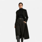 Women's long double-breasted coat with notched lapels and long sleeves