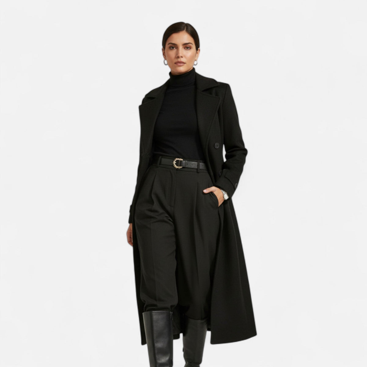 Women's long double-breasted coat with notched lapels and long sleeves