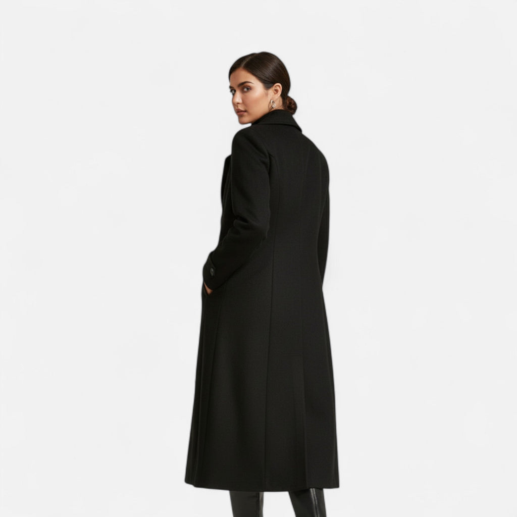 Women's long double-breasted coat with notched lapels and long sleeves