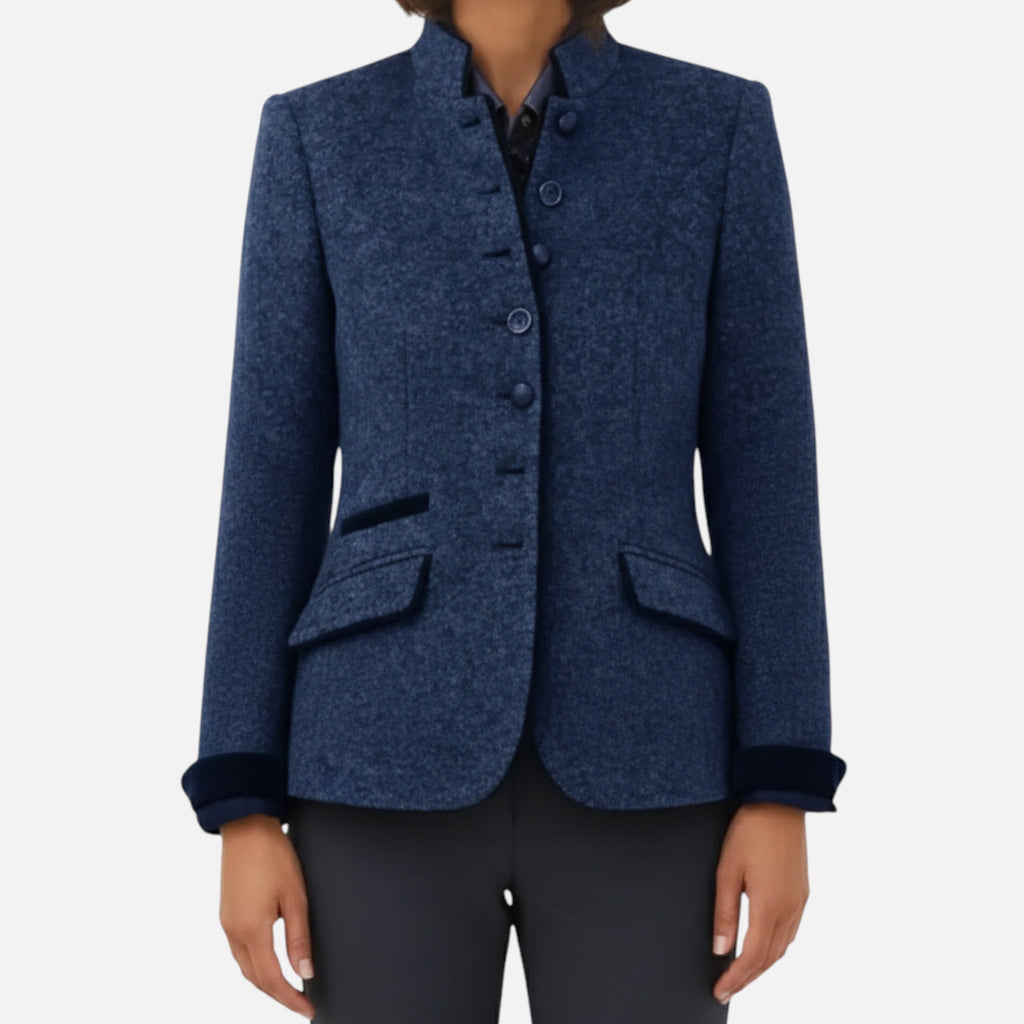Women's tailored button-front coat jacket with stand collar and flap pockets