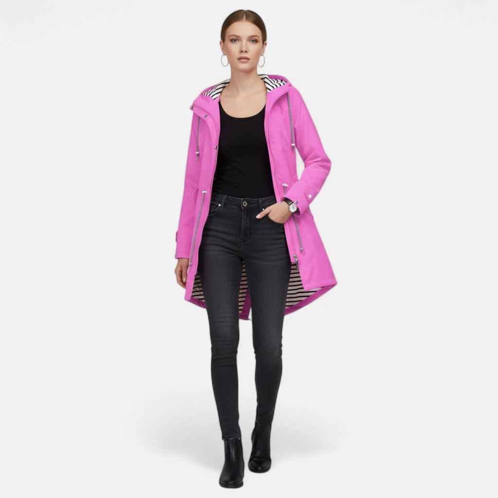 Women's longline hooded jacket with striped lining and zipped pockets