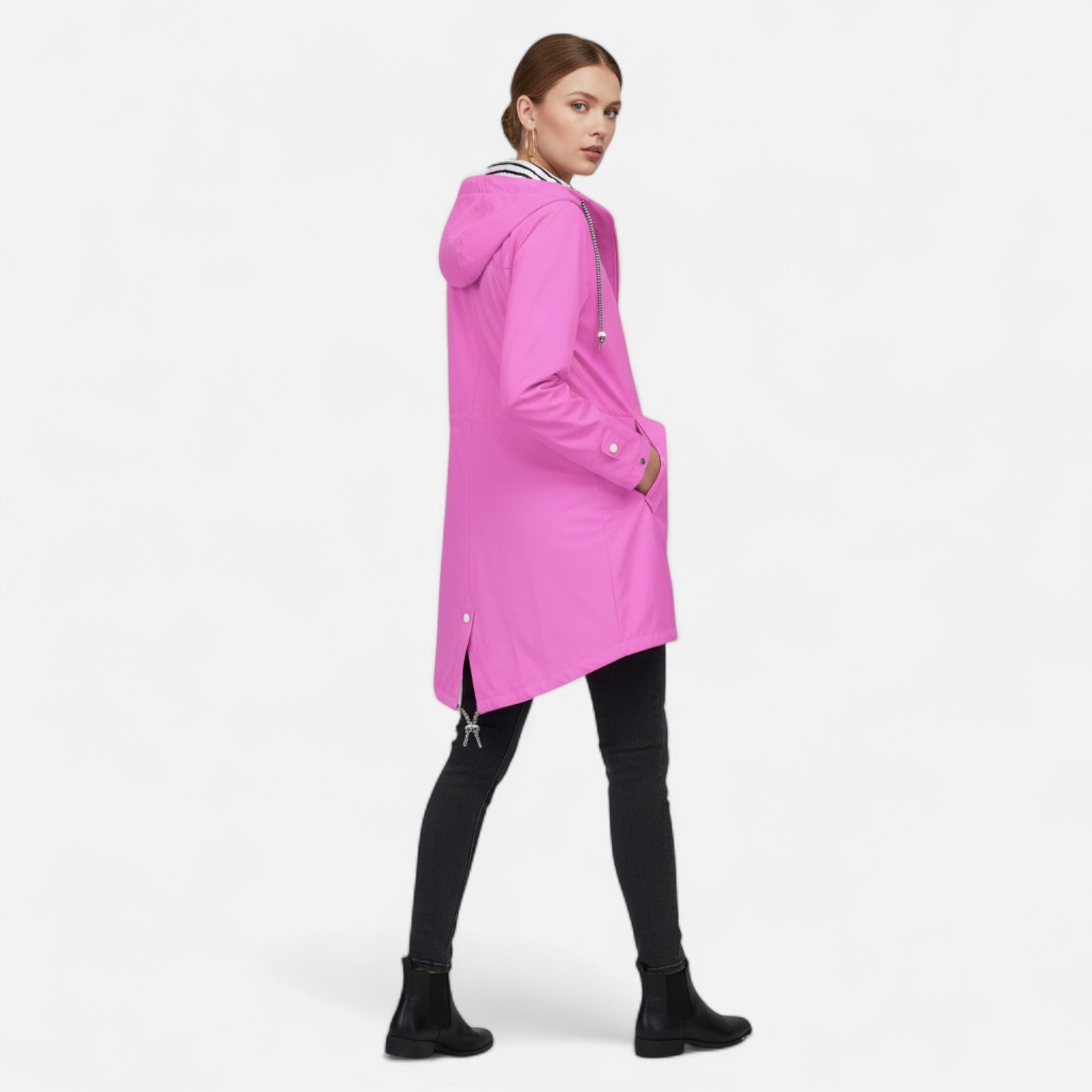 Women's longline hooded jacket with striped lining and zipped pockets