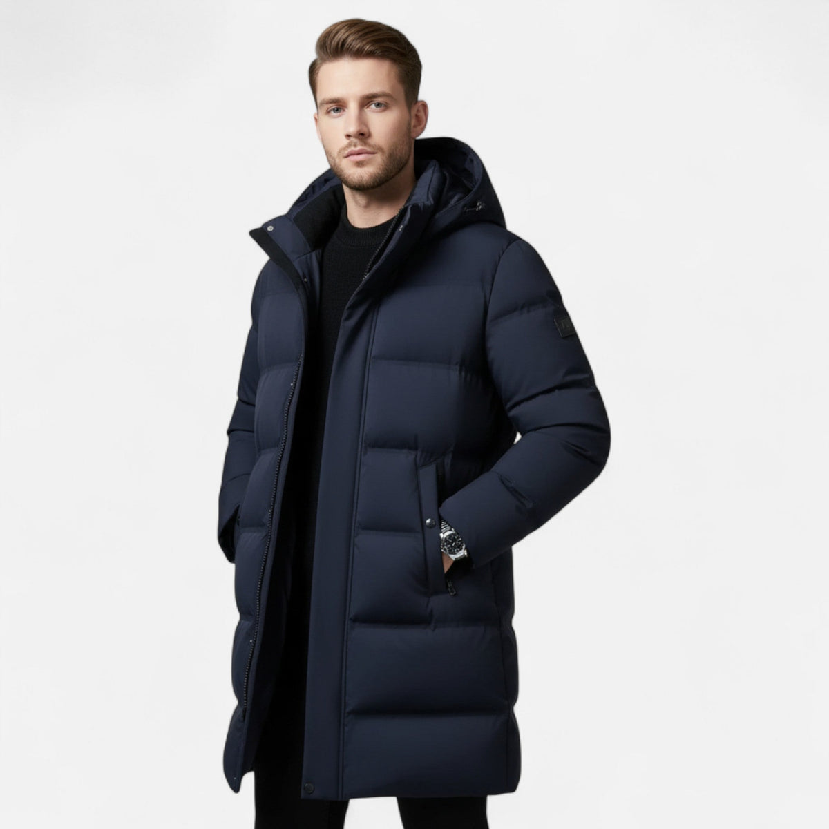 Men's hooded longline padded parka jacket with zip front and lower pockets