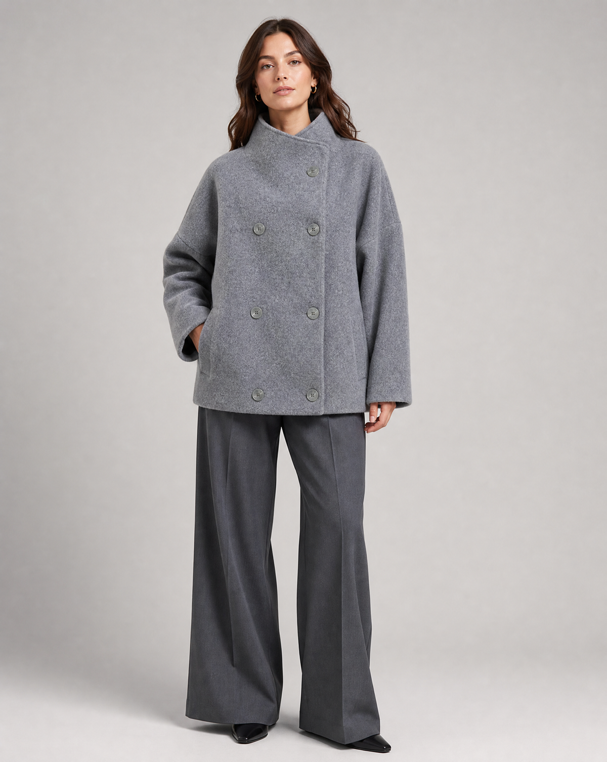Women's stand collar pea coat with button front and side pockets