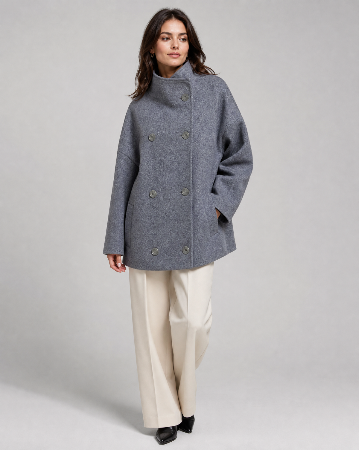 Women's stand collar pea coat with button front and side pockets