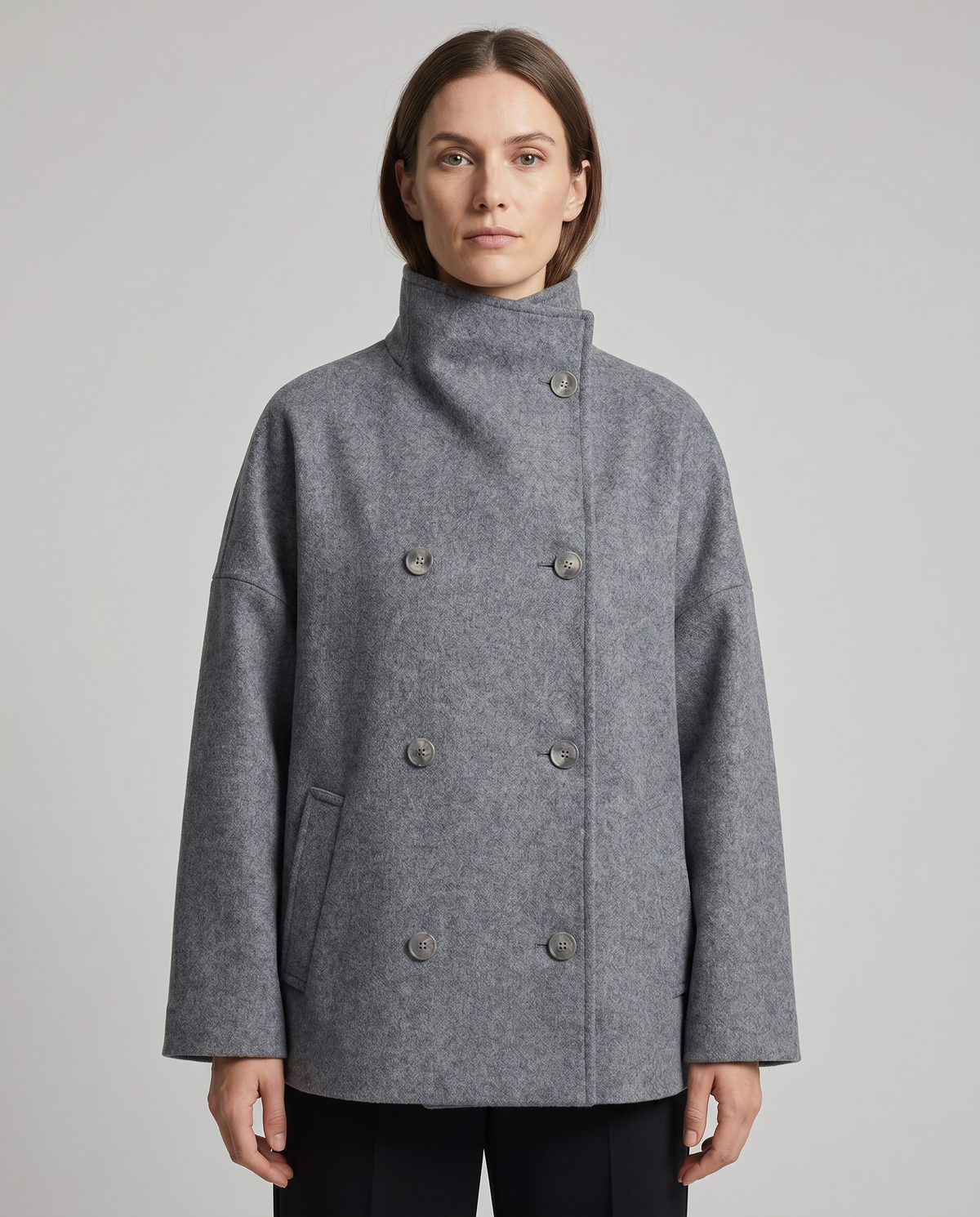 Women's stand collar pea coat with button front and side pockets