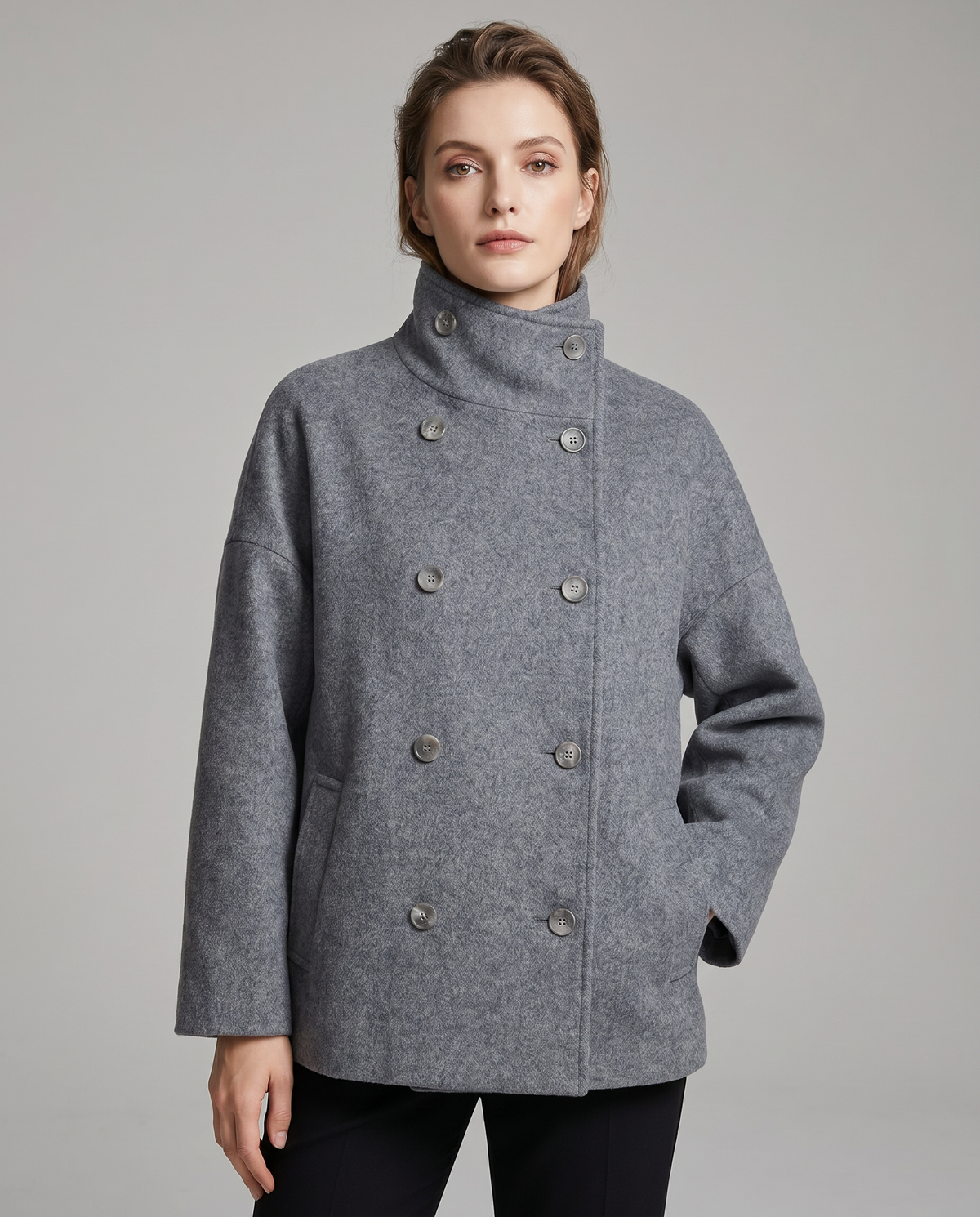 Women's stand collar pea coat with button front and side pockets