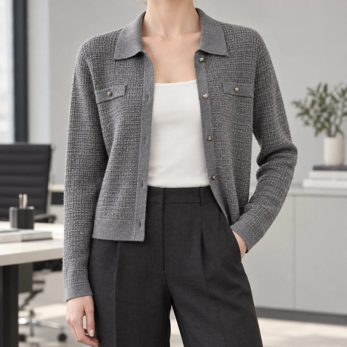 Ginghara  - Collared Knitted Cardigan Layering Over Tops