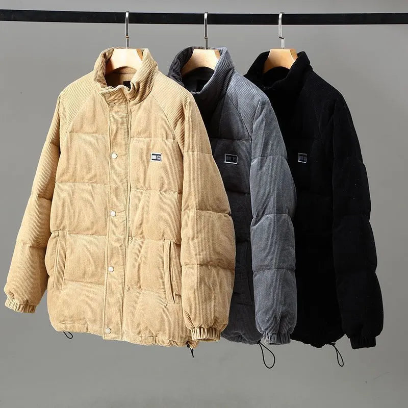 Men's ribbed corduroy padded jacket with high collar and zip front